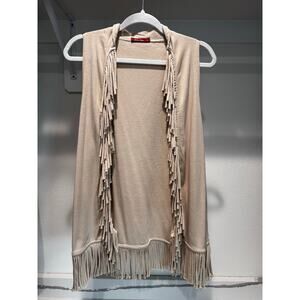 Barbara Lesser Women's Fringe‎ Vest Open Front Size Medium Tan Western